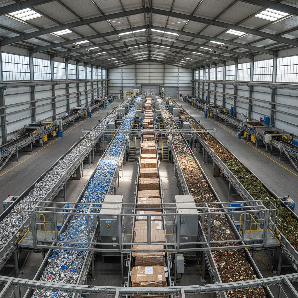 Alt Text: A large warehouse with conveyor belts and sorting equipment, used for recycling and processing various materials.