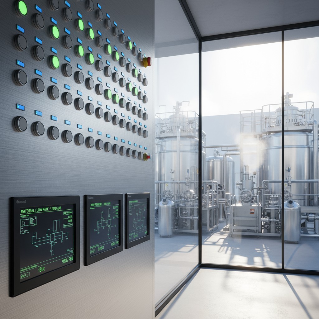 An industrial control room with large windows and a wall of switches and display screens.